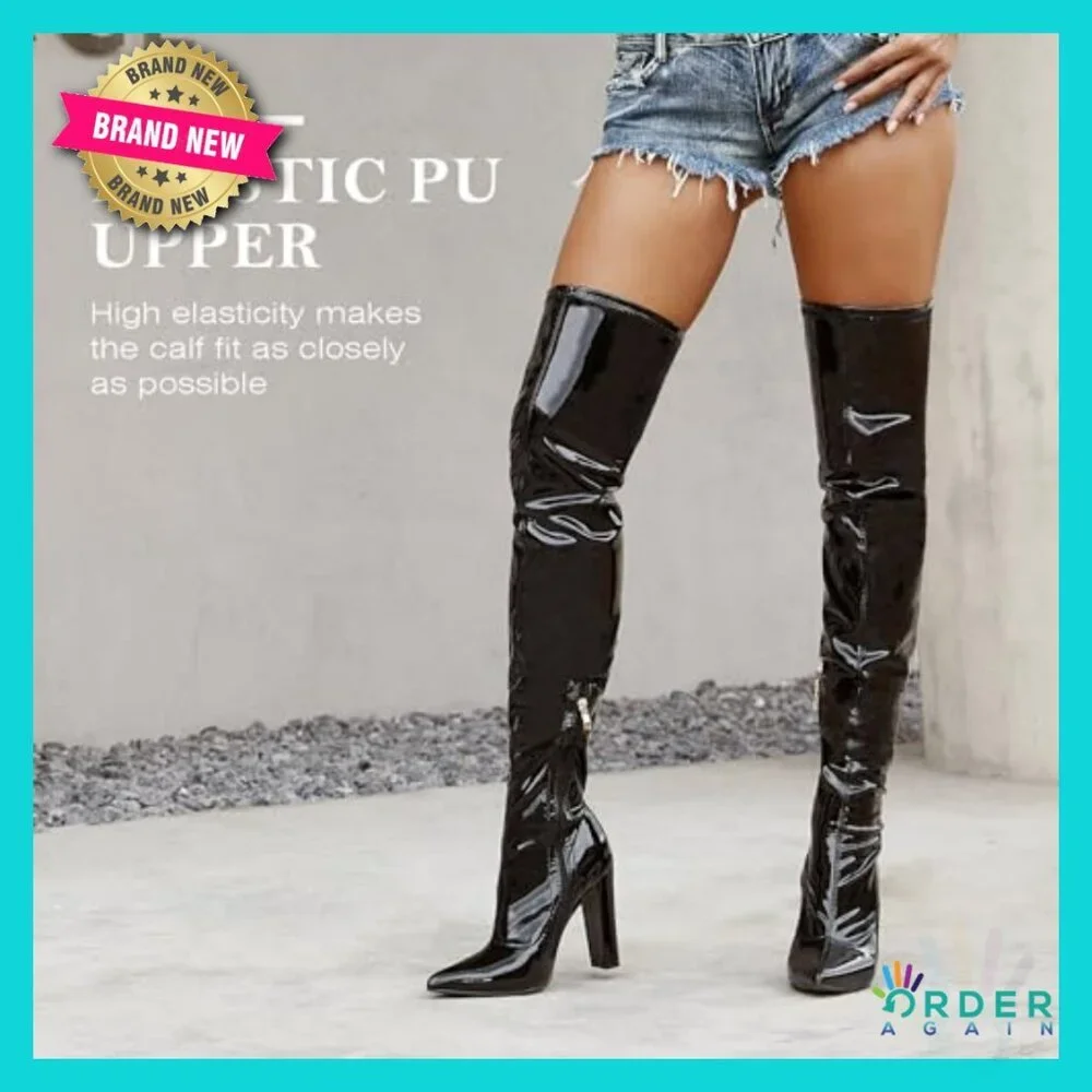 Patent Leather Thigh High Boots Chunky Heel Over Knee Gogo 70s Retro